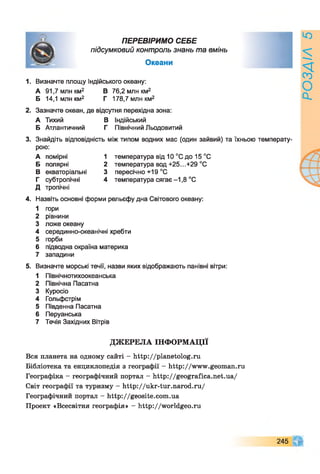 ПЕРЕВІРИМО СЕБЕ
підсумковий контроль знань та вмінь
Океани І
1. Визначте площу Індійського океану:
А 91,7млнкм2 В 76,2 млн км2
Б 14,1 млн км2 Г 178,7 млн км2
2. Зазначте океан, де відсутня перехідна зона:
А Тихий В Індійський
Б Атлантичний Г Північний Льодовитий
3. Знайдіть відповідність між типом водних мас (один зайвий) та їхньою температу­
рою:
А помірні 1 температура від 10 °С до 15 °С
Б полярні 2 температура вод+25...+29 °С
В екваторіальні 3 пересічно+19 °С
Г субтропічні 4 температура сягає -1,8 °С
Д тропічні
4. Назвіть основні форми рельєфу дна Світового океану:
1 гори
2 рівнини
3 ложе океану
4 серединно-океанічні хребти
5 горби
6 підводна окраїна материка
7 западини
5. Визначте морські течії, назви яких відображають панівні вітри:
1 Північнотихоокеанська
2 Північна Пасатна
3 Куросіо
4 Гольфстрім
5 Південна Пасатна
6 Перуанська
7 Течія Західних Вітрів
ДЖЕРЕЛА ІНФОРМАЦІЇ
Вся планета на одному сайті - http://planetolog.ru
Бібліотека та енциклопедія з географії - http://www.geoman.ru
Географіка - географічний портал - http://geografica.net.ua/
Світ географії та туризму - http://ukr-tur.narod.ru/
Географічний портал - http://geosite.com.ua
Проект «Всесвітня географія» - http://worldgeo.ru
245
РОЗДІЛ5
 