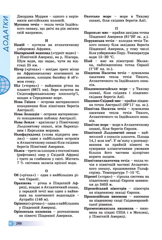 ИХІУУОУ
Джорджа Муррея - одного з керів­
ників англійських колоній.
Мусонна течія - тепла течія Індійсь­
кого океану, що двічі на рік змінює
свій напрямок.
Н
Наміб - пустеля на атлантичному
узбережжі Африки.
Ніагарський водоспад («гуркіт води») -
у Північній Америці, на р. Ніагара.
Шум води, що падає, чути на від­
стані 25 км.
Нігер («річка») - посідає третє місце
на Африканському континенті за
довжиною, площею басейну й об’є­
мом стоку.
Ніл («чорна») - найдовша річка на
планеті (6671 км). Бере початок на
Східноафриканському плоскогір’ї,
впадає в Середземне море.
Нова Гвінея - острови материкового
походження біля північних берегів
Австралії.
Нова Зеландія - острови материково­
го походження поблизу Австралії.
Нова Земля - архіпелаг у Північному
Льодовитому океані, між Баренцо-
вим і Карським морями.
Ньюфаундленд («нова відкрита зем­
ля») - один з найбільших островів
в Атлантичному океані біля східних
берегів Північної Америки.
Ньяса - третє заплощею з тектонічних
(рифтових) озер у Східній Африці
і третє за глибиною у світі. Містить
7 % світових запасів прісної води.
О
Об («річка») - одна з найбільших рі­
чок Євразії.
Оранжева - річка в Південній Аф­
риці, впадає в Атлантичний океан,
у середній течії має один з найви­
щих на континенті водоспадів -
Ауграбіс (146 м).
Оріноко («річка») —одна з найбільших
у Південній Америці.
Орінокська низовина - розташована
на півночі Південної Америки.
©266
Охотське море - море в Тихому
океані, біля східних берегів Азії.
П
Париньяс мис - крайня західна точка
Південної Америки (81°20' зх. д.).
Перуанська течія - холодна течія Ти­
хого океану біля західних берегів
Південної Америки, у тому числі
біля узбережжя Перу. Температура
води 15-20 °С.
Піай - мис на півострові Малак­
ка, найпівденніша точка Євразії
(1°16' пд. ш.).
Південна Пасатна течія - зумовлена
пасатами тепла течія Тихого,
Атлантичного та Індійського океа­
нів.
Південнокитайське море - у Тихому
океані, біля східних і південно-
східних берегів Азії.
Південно-Східний мис - крайня півден­
на точка Австралії (39°1Г пд. ш.).
Північна Пасатна течія —зумовлена
пасатами тепла течія Тихого,
Атлантичного та Індійського океа­
нів.
Північне море - море в Атлантичному
океані, біля берегів Європи.
Північний Льодовитий океан —най­
менший з океанів планети. Площа
14,1 млн км2. У зв’язку з розташу­
ванням на крайній півночі та
суворими кліматичними умовами
більша його частина цілорічно
вкрита льодом.
Північноатлантична течія - тепла те­
чія в північній частині Атлантич­
ного океану, продовження Гольф­
стріму. Температура 7-15 °С.
Піренеї («гора») - гірська система на
південному заході Європи заввиш­
ки до 3403 м.
Піренейський півострів - півострів
на південному заході Європи.
Прикаспійська низовина — низовина
на південному сході Східноєвропей­
ської рівнини.
Примексиканська низовина - низо­
вина на півдні США і в Мексиці,
у Північній Америці.
 