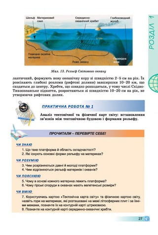 Шельф Материковий Серединно- Глибоководний V -
Мал. 13. Рельєф Світового океану
лантичний, формують нову океанічну кору зі швидкістю 2-5 см на рік. їх
розсікають глибокі розломи (рифтові долини) завширшки 10-20 км, що
сходяться до центру. Хребти, що швидко розходяться, у тому числі Східно-
Тихоокеанське підняття, розростаються зі швидкістю 10-20 см на рік, не
утворюючи рифтових долин.
ЧИ ЗНАЮ
1. Що таке платформа й область складчастості?
2. Які існують основні форми рельєфу на материках?
ЧИ РОЗУМІЮ
3. Чим розрізняються давні й молоді платформи?
4. Чим відрізняються рельєф материків і океанів?
ЧИ п оя сн ю ю
5. Чому в основі кожного материка лежить платформа?
6. Чому гірські споруди в океанах мають велетенські розміри?
ЧИ ВМІЮ
7. Користуючись картою «Тектонічна карта світу» та фізичною картою світу,
назвіть гори на материках, які розташовані на межі літосферних плит і за їхні­
ми межами, позначте їх на контурній карті штриховкою.
8. Позначте на контурній карті серединно-океанічні хребти.
ПРАКТИЧНА РОБОТА № 1
Аналіз тектонічної та фізичної карт світу: встановлення
зв’язків між тектонічною будовою і формами рельєфу.

ПРОЧИТАЛИ - ПЕРЕВІРТЕ СЕБЕ!
РОЗДІЛ
 