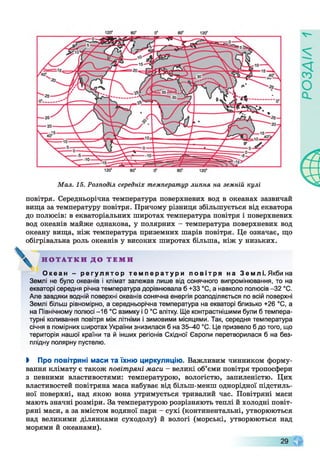 Мал. 15. Розподіл середніх температур липня на земній кулі
повітря. Середньорічна температура поверхневих вод в океанах зазвичай
вища за температуру повітря. Причому різниця збільшується від екватора
до полюсів: в екваторіальних широтах температура повітря і поверхневих
вод океанів майже однакова, у полярних - температура поверхневих вод
океану вища, ніж температура приземних шарів повітря. Це означає, що
обігрівальна роль океанів у високих широтах більша, ніж у низьких.
О ке ан - р е г у л я т о р т е м п е р а т у р и п о в і т р я на Землі.Якбина
Землі не було океанів і клімат залежав лише від сонячного випромінювання, то на
екваторі середня річна температура дорівнювала б +33 °С, а навколо полюсів -32 °С.
Але завдяки водній поверхні океанів сонячна енергія розподіляється по всій поверхні
Землі більш рівномірно, а середньорічна температура на екваторі близько +26 °С, а
на Північному полюсі -16 °С взимку і 0 °С влітку. Ще контрастнішими були б темпера­
турні коливання повітря між літніми і зимовими місяцями. Так, середня температура
січня в помірних широтах України знизилася б на 35-40 °С. Це призвело б до того, що
територія нашої країни та й інших регіонів Східної Європи перетворилася б на без­
плідну полярну пустелю.
І Про повітряні маси та їхню циркуляцію. Важливим чинником форму­
вання клімату є також повітряні маси - великі об’єми повітря тропосфери
з певними властивостями: температурою, вологістю, запиленістю. Цих
властивостей повітряна маса набуває від більш-менш однорідної підстиль­
ної поверхні, над якою вона утримується тривалий час. Повітряні маси
мають значні розміри. За температурою розрізняють теплі й холодні повіт­
ряні маси, а за вмістом водяної пари - сухі (континентальні, утворюються
над великими ділянками суходолу) й вологі (морські, утворюються над
морями й океанами).
Н О Т А Т К И Д О Т Е М И
 