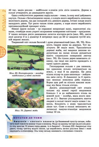ІZlVSOd
40 тис. видів рослин - найбільше з-поміж усіх лісів планети. Дерева в
сельві утворюють до дванадцяти ярусів.
Одна з найцінніших деревних порід сельви - гевея, із соку якої добувають
каучук. Сельва є батьківщиною какао, з плодів якого виробляють шоколад;
молочного дерева, що дає солодкий сік; динного дерева, їстівні плоди якого
нагадують диню. Тут росте також хінне дерево, з кори якого виробляють
протималярійний препарат хінін.
Нижні яруси сельви - це справжні непрохідні хащі, переплетені ліа­
нами, стовбури яких укриті яскравими химерними квітками - орхідеями.
У тихих затонах росте дивовижне латаття вікторія-регія (мал. 69), листя
якої досягає 2 м у діаметрі й витримує масу до 50 кг завдяки густій міц­
ній мережі жилок.
Тваринний світ сельви багатий і дуже різноманітний (мал. 68, 70). Біль­
шість тварин живе на деревах. Тут на­
лічують 38 видів мавп. Трапляються
деревні жаби, які завдяки липким по­
душечкам на лапах вільно рухаються
навіть гладенькою поверхнею листка
(мал. 70). На гілках дерев зависають лі­
нивці, що іноді все життя проводять в
кроні одного дерева.
Господарями сельви є два хижаки,
що однаково вільно почуваються на
землі, у воді й на деревах. Це дика
кішка ягуар та удав анаконда - найдов­
ша змія світу. В Амазонці та її прито­
ках мешкає невелика риба піранья.
Зграя цих риб за кілька хвилин зали­
шає від бика тільки кістяк.
Досить різноманітний світ птахів
сельви: від хижої гарпії завдовжки
близько 1 м до найменшого птаха на
земній кулі - колібрі, маса якого мен­
ша як 2 г. Значно ускладнюють життя
людині в сельві тисячі видів комах і па­
вуків, більшість з яких трапляється
лише тут. Саме в сельві мешкають ве­
летенські павуки-птахоїди завдовжки
понад 12 см.
^ Н О Т А Т К И Д О Т Е М И
А м а з о н і я - « л е г е н і » п л а н е т и. Це безмежний простір сельви, поба­
чити який повністю можна тільки з космосу. Якщо на одному гектарі нашого мішано­
го лісу зростає 10 різних порід дерев, то в Амазонії - близько 200. Амазонські ліси
дають понад третину всього кисню, що виробляють зелені рослини Землі і який
надходить в атмосферу. Ось чому сельву називають «легенями» планети.
Мал. 69. Вікторія-регія - володар
найбільших у світі листків
Мал. 70. Деревні жаби
94
 