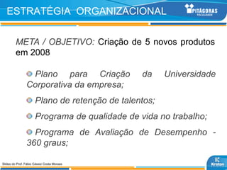 ESTRATÉGIA ORGANIZACIONAL

         META / OBJETIVO: Criação de 5 novos produtos
         em 2008

                 Plano para Criação             da     Universidade
                Corporativa da empresa;
                      Plano de retenção de talentos;
                      Programa de qualidade de vida no trabalho;
                  Programa de Avaliação de Desempenho -
                360 graus;

Slides do Prof. Fábio Cássio Costa Moraes
 