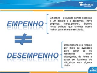 Empenho – é quando somos expostos
a um desafio e o aceitamos. (novo
emprego,     cargo,projeto).    Damos
nossa palavra que faremos nosso
melhor para alcançar resultado.




            Desempenho é o resgate
            por meio da avaliação
            para    saber  se     os
            resultados        foram
            alcançados, de forma a
            saber se ficaremos ou
            não,ainda, com alguma
            dívida.
 