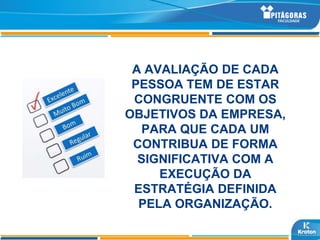 A AVALIAÇÃO DE CADA
 PESSOA TEM DE ESTAR
 CONGRUENTE COM OS
OBJETIVOS DA EMPRESA,
  PARA QUE CADA UM
 CONTRIBUA DE FORMA
  SIGNIFICATIVA COM A
     EXECUÇÃO DA
 ESTRATÉGIA DEFINIDA
  PELA ORGANIZAÇÃO.
 