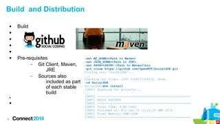 Build and Distribution


Build











18

Pre-requisites
–
Git Client, Maven,
JRE
–
Sources also
included as part
of each stable
build

>set M2_HOME=<Path to Maven>
>set JAVA_HOME=<Path to JDK>
>set PATH=%PATH%;<Path to Maven>bin
>git clone https://github.com/OpenNTF/SocialSDK.git
Cloning into 'SocialSDK'...
...
Checking out files: 100% (12653/12653), done.
>cd SocialSDK
SocialSDK>mvn install
[INFO] Scanning for projects...
...
[INFO] --------------------------------------------------[INFO] BUILD SUCCESS
[INFO] --------------------------------------------------[INFO] Total time: 4:44.144s
[INFO] Finished at: Fri Jan 10 12:22:29 GMT 2014
[INFO] Final Memory: 96M/183M
[INFO] ---------------------------------------------------

 