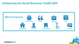 Introducing the Social Business Toolkit SDK

IBM Social Services
Communities

Home Page

4

Profiles

Blogs

Activities

Bookmarks

Wikis

Files

Forums

 