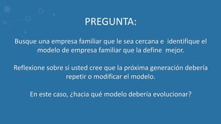 PREGUNTA:
Busque una empresa familiar que le sea cercana e identifique el
modelo de empresa familiar que la define mejor.
Reflexione sobre si usted cree que la próxima generación debería
repetir o modificar el modelo.
En este caso, ¿hacia qué modelo debería evolucionar?
 