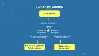LÍNEAS DE ACCIÓN
Buscar una Coalición
Familar estable
Crear sentido
Desarrollar la
Estructural
Problema
Mental
Problema de
Complejidad
Problema
Estructural
Cambiar de Modelo
No superar la Complejidad
que el Modelo permite
Desarrollar la Estructura
dentro del Modelo
46
 
