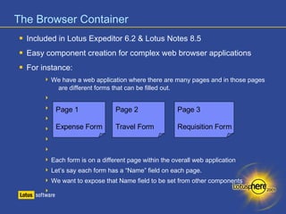 The Browser Container 
 Included in Lotus Expeditor 6.2 & Lotus Notes 8.5 
 Easy component creation for complex web browser applications 
 For instance: 
 We have a web application where there are many pages and in those pages 
are different forms that can be filled out. 
 
 
Page 1 
Page 2 
Page 3 
 
 
Expense Form 
Travel Form 
Requisition Form 
 
 
 Each form is on a different page within the overall web application 
 Let’s say each form has a “Name” field on each page. 
 We want to expose that Name field to be set from other components 
 
 