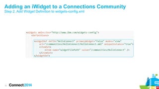 Adding an iWidget to a Connections Community
Step 2. Add Widget Definition to widgets-config.xml

12

 