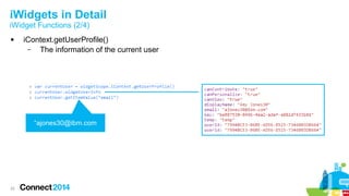 iWidgets in Detail
iWidget Functions (2/4)


iContext.getUserProfile()
–
The information of the current user

“ajones30@ibm.com

22

 
