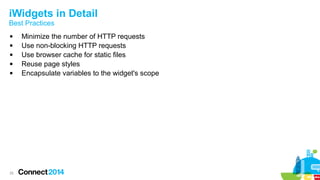 iWidgets in Detail
Best Practices






25

Minimize the number of HTTP requests
Use non-blocking HTTP requests
Use browser cache for static files
Reuse page styles
Encapsulate variables to the widget's scope

 
