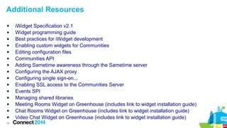 Additional Resources















45

iWidget Specification v2.1
Widget programming guide
Best practices for iWidget development
Enabling custom widgets for Communities
Editing configuration files
Communities API
Adding Sametime awareness through the Sametime server
Configuring the AJAX proxy
Configuring single sign-on...
Enabling SSL access to the Communities Server
Events SPI
Managing shared libraries
Meeting Rooms Widget on Greenhouse (includes link to widget installation guide)
Chat Rooms Widget on Greenhouse (includes link to widget installation guide)
Video Chat Widget on Greenhouse (includes link to widget installation guide)

 