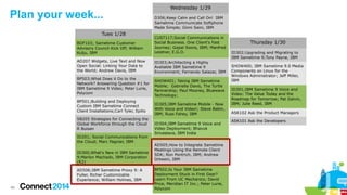Plan your week...
Tues 1/28

Wednesday 1/29
D306;Keep Calm and Call On! IBM
Sametime Communicate Softphone
Made Simple; Ginni Saini, IBM

BOF103; Sametime Customer
Advisory Council Kick Off; William
Kulju, IBM

CUST117;Social Communications in
Social Business. One Client's Fast
Journey; Gopal Soora, IBM; Manfred
Leistner, E.G.O.

AD207 Widgets, Live Text and Now
Open Social: Linking Your Data to
the World; Andrew Davis, IBM

ID303;Architecting a Highly
Avaliable IBM Sametime 9
Environment; Fernando Salazar, IBM

BP503;What Does it Do to the
Network? Answering Question #1 for
IBM Sametime 9 Video; Peter Lurie,
Polycom
BP501;Building and Deploying
Custom IBM Sametime Connect
Client Installations;Carl Tyler, Epilio
SB205 Strategies for Connecting the
Global Workforce through the Cloud
R Buisan
ID201; Social Communications from
the Cloud; Marc Pagnier, IBM
ID300;What's New in IBM Sametime
9;Marlon Machado, IBM Corporation
(R2)
AD506;IBM Sametime Proxy 9: A
Fuller, Richer Customizable
Experience; William Holmes, IBM
46

SHOW401; Taking IBM Sametime
Mobile; Gabriella Davis, The Turtle
Partnership; Paul Mooney, Bluewave
Technology;
ID305;IBM Sametime Mobile - Now
With Voice and Video!; Steve Babin,
IBM; Russ Fahey, IBM
ID304;IBM Sametime 9 Voice and
Video Deployment; Bhavuk
Srivastava, IBM India
AD505;How to Integrate Sametime
Meetings Using the Remote Client
SDK; Ron Pontrich, IBM; Andrew
Ortwein, IBM
BP502;Is Your IBM Sametime
Deployment Stuck in First Gear?
Learn From UC Mechanics; David
Price, Meridian IT Inc.; Peter Lurie,
Polycom

Thursday 1/30
ID302;Upgrading and Migrating to
IBM Sametime 9;Tony Payne, IBM
SHOW400; IBM Sametime 9.0 Media
Components on Linux for the
Windows Administrator; Jeff Miller,
IBM
ID301;IBM Sametime 9 Voice and
Video: The Value Today and the
Roadmap for Tomorrow; Pat Galvin,
IBM; Julie Reed, IBM
ASK102 Ask the Product Managers
ASK101 Ask the Developers

 