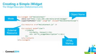 Creating a Simple iWidget

The Widget Descriptor (HelloConnect.xml)

Object Name
Mode

External
Resource
HTML
Markup

7

 