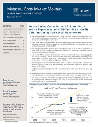 MUNICIPAL BOND MARKET MONTHLY
JANNEY FIXED INCOME STRATEGY
September 16, 2014
JANNEY MONTGOMERY SCOTT
www.janney.com
© 2014 Janney Montgomery Scott LLC
Member: NYSE, FINRA, SIPC
MUNICIPAL MONTHLY • PAGE 1
TOM KOZLIK
Municipal Credit Analyst
215.665.4422
tkozlik@janney.com
ALAN SCHANKEL
Managing Director
215.665.6088
aschankel@janney.com
See page 14 for important
information regarding
certifications, our ratings
system as well as other
disclaimers.
CONTENTS PAGE
MUNICIPAL SECTOR CREDIT OUTLOOKS 2
U.S. STATE SECTOR CREDIT UPDATE 3
A SHORT TALE OF THREE STATES 5
LOCAL GOVERNMENT SECTOR UPDATE 6
SELECT RATING CHANGES 10
STATE ISSUER RATINGS 11
MUNICIPAL RATING DEFINITIONS 12
JANNEY MUNICIPAL PUBLICATIONS 13
DISCLOSURE 14
We are Seeing Cracks in the U.S. State Sector
and an Unprecedented Multi-Year Run of Credit
Deterioration by Some Local Governments
• The Janney outlook for state credit remains “Stable” although some indicators are mixed. Rat-
ings are still high but, we expect slow growth to hinder economic expansion and believe more
downgrades are lurking for a select few.
• Some states were upgraded recently but others were downgraded, some for reasons that are
not easily repairable. Mostly structural and not cyclical factors are eating away at the credit
quality of states such as IL, NJ and PA.
• U.S. state government tax revenues (YoY) were reported lower in 1Q14 and are expected to be
lower again in 2Q14. Uneven collections due to the fiscal cliff are partly to blame but this data
is something to watch going forward.
• A Short Tale of Three States: California’s fiscal metrics have improved, leading to rating upgrades
and spread narrowing. Illinois’ pension burden makes fiscal improvement a challenge, with
wide spreads continuing. New Jersey’s relatively tight trading spreads belie its lagging eco-
nomic recovery and growing debt and pension liabilities.
• The Janney Local Government sector outlook is still “Cautious”. Ratings in this sector are also
generally high but, some locals are still dealing with structurally imbalanced budgets, lower
reserve funds or both.
• Credit conditions for local governments have not improved sector-wide. There are some lag-
gards.
• Downgrades have continued to outpace upgrades (and have for 22 straight quarters- an unprec-
edented multi-year run of credit deterioration) in the public finance sector, per Moody’s data.
• Our analysis shows over 50% of the local governments downgraded by Moody’s in 2Q14 suf-
fer from structurally imbalanced budgets. This is not an easy situation to recover from and the
condition will lead to more downgrades.
Overspending, Multi-Year Structural Imbalances Lead to Persistent Downgrades
$300
$500
$700
$900
2004 2007 2010 2013 2016 2019
Actual U.S. Local Government Tax Revenues
Theyellow lineshows how revenues were
trending beforethe Great Recession,
when U.S. growth was much higher
Thegreen line is a revenue trend
based on local govt revenues from
justpost2010 results
This differenceis a reason
why somelocal govt.
issuers are susceptibleto
rating downgrades
Noticethe trend of local govt tax
revenues since2010 is barely
higher, this is not a positive for
local government credit
quality
Source: U.S. Census Bureau and Janney FIS. $ in billions.
 