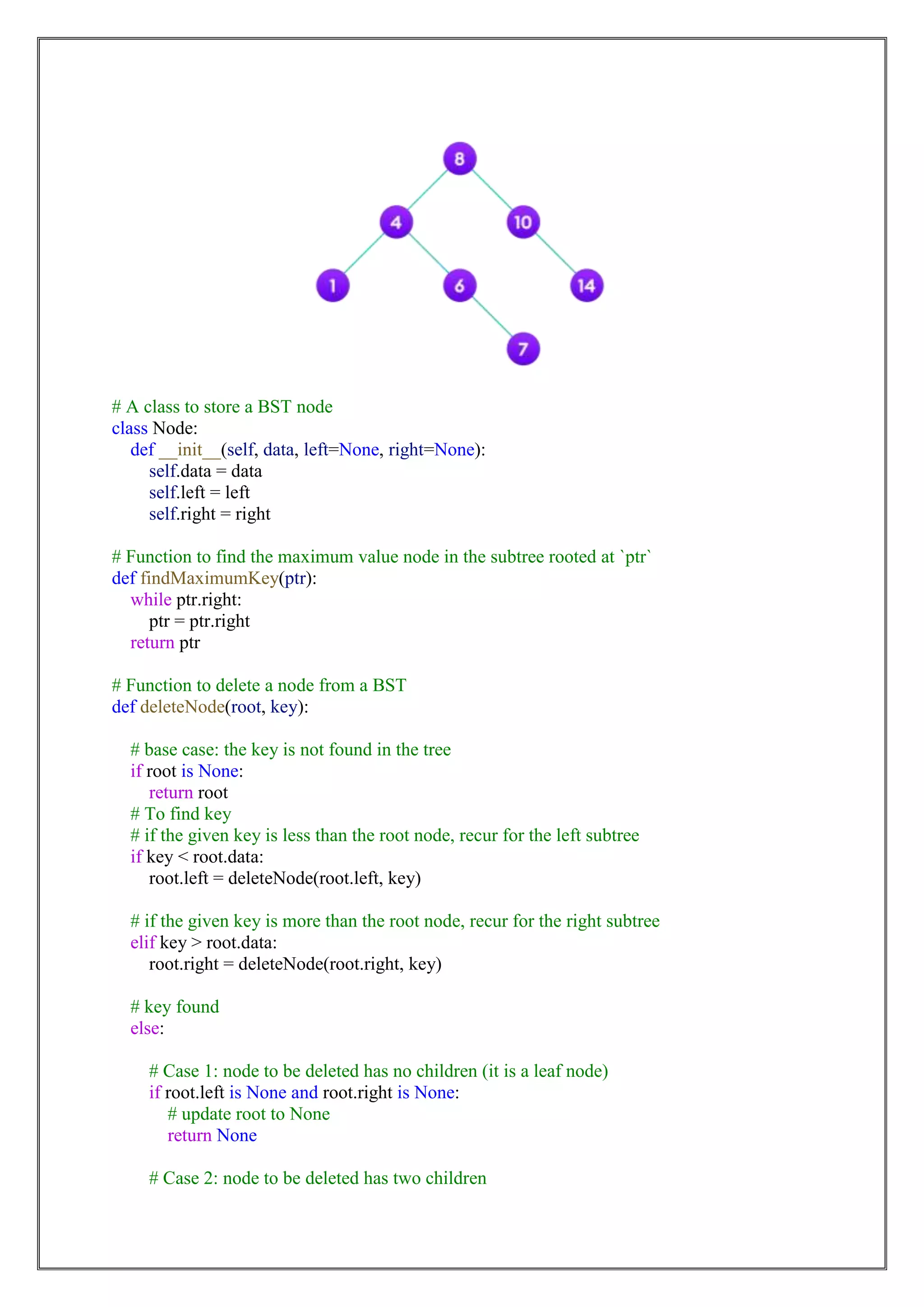# A class to store a BST node
class Node:
def __init__(self, data, left=None, right=None):
self.data = data
self.left = left
self.right = right
# Function to find the maximum value node in the subtree rooted at `ptr`
def findMaximumKey(ptr):
while ptr.right:
ptr = ptr.right
return ptr
# Function to delete a node from a BST
def deleteNode(root, key):
# base case: the key is not found in the tree
if root is None:
return root
# To find key
# if the given key is less than the root node, recur for the left subtree
if key < root.data:
root.left = deleteNode(root.left, key)
# if the given key is more than the root node, recur for the right subtree
elif key > root.data:
root.right = deleteNode(root.right, key)
# key found
else:
# Case 1: node to be deleted has no children (it is a leaf node)
if root.left is None and root.right is None:
# update root to None
return None
# Case 2: node to be deleted has two children
 