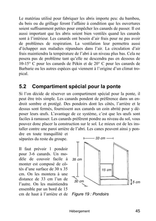 Le matériau utilisé pour fabriquer les abris importe peu: du bambou,
du bois ou du grillage feront l’affaire à condition que les ouvertures
soient suffisamment petites pour empêcher les canards de passer. Il est
aussi important que les abris soient bien ventilés quand les canards
sont à l’intérieur. Les canards ont besoin d’air frais pour ne pas avoir
de problèmes de respiration. La ventilation leur permettra aussi
d’échapper aux maladies répandues dans l’air. La circulation d’air
frais maintiendra la température de l’abri à un niveau plus bas. Cela ne
posera pas de problème tant qu’elle ne descendra pas en dessous de
10-15° C pour les canards de Pékin et de 20° C pour les canards de
Barbarie ou les autres espèces qui viennent à l’origine d’un climat tro-
pical.


5.2    Compartiment spécial pour la ponte
Si l’on décide de réserver un compartiment spécial pour la ponte, il
peut être très simple. Les canards pondent de préférence dans un en-
droit sombre et protégé. Des pondoirs dont les côtés, l’arrière et le
dessus sont fermés, fournissent aux canards un coin abrité pour y dé-
poser leurs œufs. L’avantage de ce système, c’est que les œufs sont
faciles à ramasser. Les canards préfèrent pondre au niveau du sol, vous
pouvez donc placer la construction sur le sol. Le mieux est de les ins-
taller contre une paroi arrière de l’abri. Les canes peuvent ainsi y pon-
dre en toute tranquillité et
séparées du reste du groupe.

Il faut prévoir 1 pondoir
pour 3-6 canards. Un mo-
dèle de couvoir facile à
monter est composé de cô-
tés d’une surface de 30 x 35
cm. On les montera à une
distance de 33 cm l’un de
l’autre. On les maintiendra
ensemble par un bord de 15
cm de haut à l’arrière et de Figure 19 : Pondoirs


                              Hébergement                             45
 