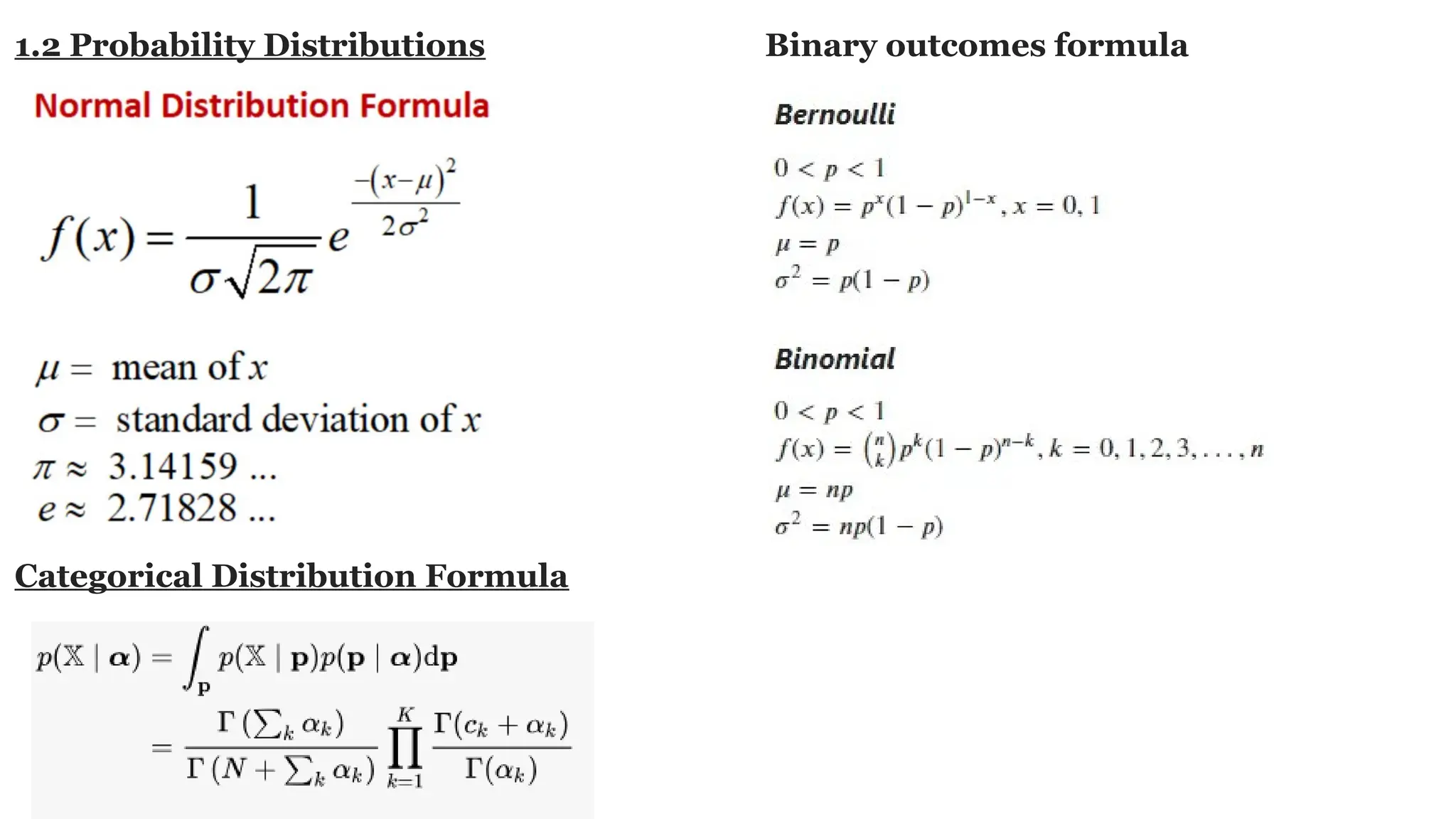 1.2 Probability Distributions Binary outcomes formula Categorical Distribution Formula 
