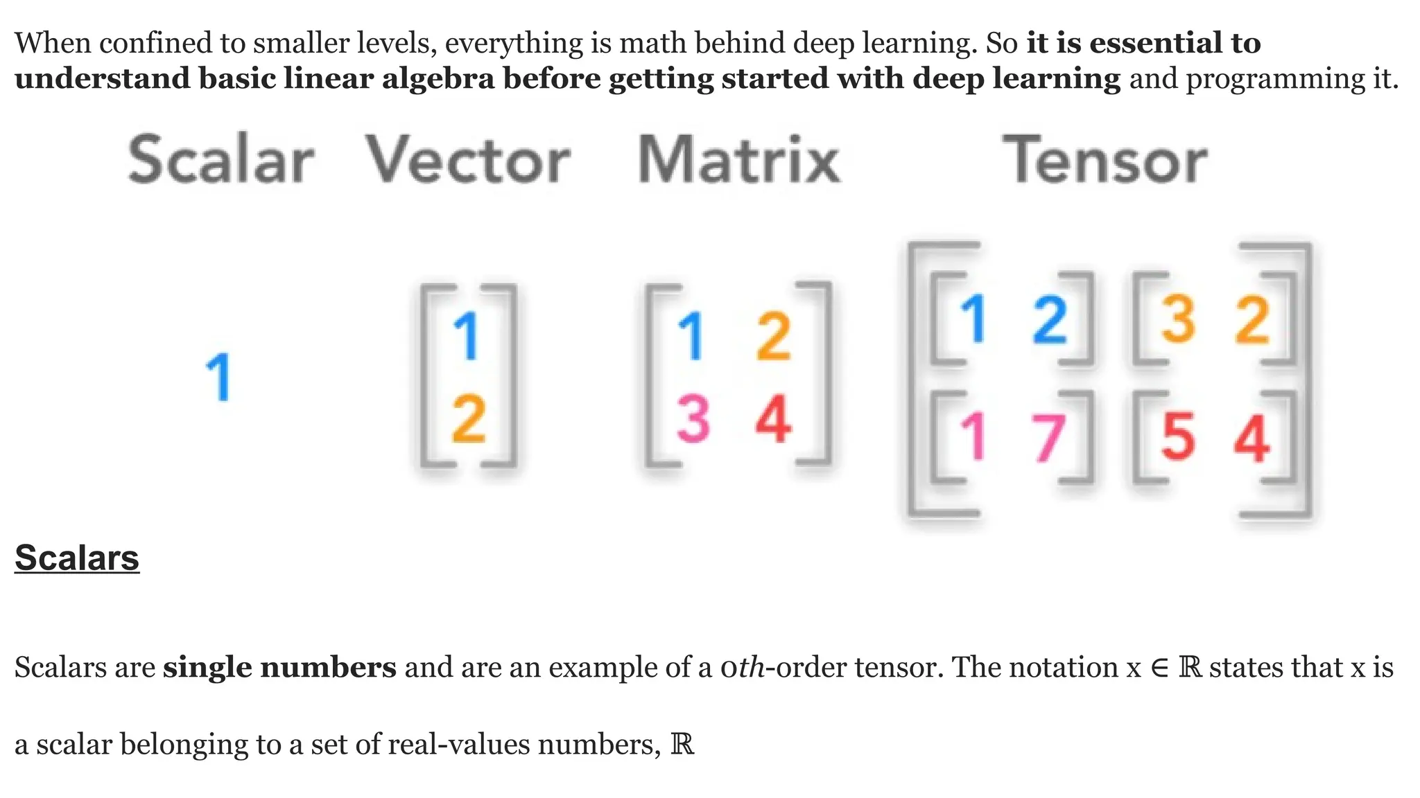 When confined to smaller levels, everything is math behind deep learning. So it is essential to understand basic linear algebra before getting started with deep learning and programming it. Scalars Scalars are single numbers and are an example of a 0th-order tensor. The notation x states that x is ∈ ℝ a scalar belonging to a set of real-values numbers, ℝ 