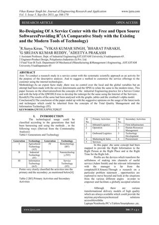 Vikas Kumar Singh Int. Journal of Engineering Research and Application www.ijera.com
Vol. 3, Issue 5, Sep-Oct 2013, pp.166-170
www.ijera.com 166 | P a g e
Re-Designing Of A Service Center with the Free and Open Source
SoftwaresProviding R4
(A Comparative Study with the Existing
and the Modern Tools of Technology)
1
R.Surya Kiran, *2
VIKAS KUMAR SINGH, 3
BHARAT PARAKH,
3
G SRUJAN KUMAR REDDY, 3
ADEETYA PRAKASH
1 Assistant Professor, Dept. of Industrial Engineering,GIT,GITAM University,Visakhapatnam-45.
2 Engineer-Product Design, Polyplastics Industries (I) Pvt. Ltd.
3 Final Year B.Tech. Department Of Mechanical (Manufacturing &Management ) Engineering, ,GIT,GITAM
University,Visakhapatnam-45
ABSTRACT
Aim: To conduct a research study in a service center with the systematic scientific approach as an activity for
the purpose of the descriptive analysis .And to suggest a method to customize the service offerings to the
customer using the internet technologies .
Methodology:As an expost facto study ,there was no control over the local and the global variables but an
attempt had been made with the service determinants and the SPSS to relate the same to the modern times .This
paper focuses on the observationsfrom the concepts of the industrial Engineering practice for a Service Center
and with the help of the QWERLS tries to develop the redesign for the same using the Internet of the Services .
Result(S):The results of the same had been analysed with the graphs ,tables and the cronbach’s alpha model.
Conclusion(S):The conclusion of the paper ended up with the suggestive opinions on the usage of the latest tools
and techniques which could be inherited from the concepts of the Total Quality Management and the
Information Technology (IT).
KEYWORDS:QWERLS,SPSS,TQM,IT
I. INTRODUCTION
The technological usage could be
classified according to the generations that had
been harnessing and using the methods , in the
following ways (Derived from the Commonality
Analysis):
Table-1 Generations and Technology
Generation Technology Generation Technology
I Agricultural
Technology
(AT)
IV Biotechnology
(BT)
II Industrial
Technology
(IT)
V Nanotechnolog
y (NT)
III Information
Technology
(InT)
VI Service
Technology
(ST)
Porter very clearly classified the activities into the
primary and the secondary ,as mentioned below[4]:
Table-2 [B3] Primary Activities and Secondary
Activities
Sl
No.
Primary Activities Sl
No.
Secondary Activities
1 Inbound Logistics 1 Firm infrastructure
2 Operation 2 Human Resources
Management
3 Outbound Logistics 3 Technology
Development
4 Marketing & Sales 4 Procurement
5 Services
In this paper ,the same concept had been
mapped to provide the Right Information to the
Right Person at the Right Place and at the Right
Time for the Right Job .
Profits are the devices which transform the
selfishness of making into channels of useful
service (Adam Smith) and the relevant information
with the manager is far from the
complete(H.S.Simon).Through a research on a
particular problem statement , opportunities are
explored to move beyond and look at the situations
from the various different angles in-order to
empower and facilitate a globally accepted solution
.
Although there are various
transformational delivery models of high quality
which are always available which could provide the
anytime,anywheresynchronized solutions
accessiblewiththe
Laptops/Notebooks/PC’s/Tablets/Smartphones ,etc.
RESEARCH ARTICLE OPEN ACCESS
 