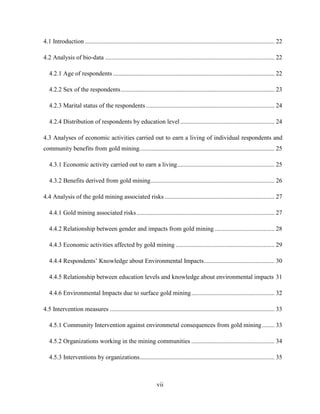 vii
4.1 Introduction......................................................................................................................... 22
4.2 Analysis of bio-data ............................................................................................................ 22
4.2.1 Age of respondents ....................................................................................................... 22
4.2.2 Sex of the respondents.................................................................................................. 23
4.2.3 Marital status of the respondents.................................................................................. 24
4.2.4 Distribution of respondents by education level ............................................................ 24
4.3 Analyses of economic activities carried out to earn a living of individual respondents and
community benefits from gold mining...................................................................................... 25
4.3.1 Economic activity carried out to earn a living.............................................................. 25
4.3.2 Benefits derived from gold mining............................................................................... 26
4.4 Analysis of the gold mining associated risks ...................................................................... 27
4.4.1 Gold mining associated risks........................................................................................ 27
4.4.2 Relationship between gender and impacts from gold mining ...................................... 28
4.4.3 Economic activities affected by gold mining ............................................................... 29
4.4.4 Respondents‟ Knowledge about Environmental Impacts............................................. 30
4.4.5 Relationship between education levels and knowledge about environmental impacts 31
4.4.6 Environmental Impacts due to surface gold mining..................................................... 32
4.5 Intervention measures ......................................................................................................... 33
4.5.1 Community Intervention against environmetal consequences from gold mining........ 33
4.5.2 Organizations working in the mining communities ..................................................... 34
4.5.3 Interventions by organizations...................................................................................... 35
 