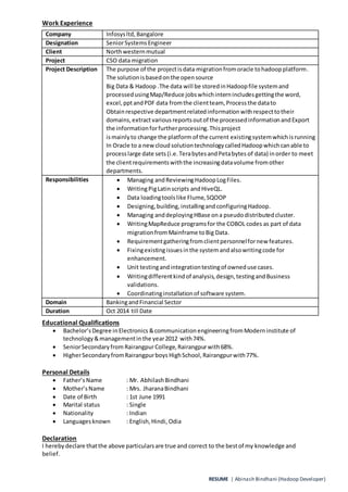 Senior Systems Engineer At Infosys With 2.4Yrs Of Experience On Bigda…