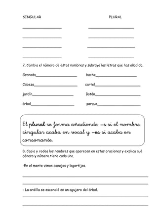 SINGULAR PLURAL
__________________ _____________________
__________________ _____________________
__________________ ______________________
__________________ _____________________
7. Cambia el número de estos nombres y subraya las letras que has añadido.
Granada___________________ bache___________________
Cabeza____________________ cartel_____________________
jardín___________________ Botón_____________________
árbol____________________ parque____________________
El plural se forma añadiendo –s si el nombre
singular acaba en vocal y –es si acaba en
consonante.
8. Copia y rodea los nombres que aparecen en estas oraciones y explica qué
género y número tiene cada uno.
-En el monte vimos conejos y lagartijas.
__________________________________________________________
__________________________________________________________
- La ardilla se escondió en un agujero del árbol.
__________________________________________________________
__________________________________________________________
 