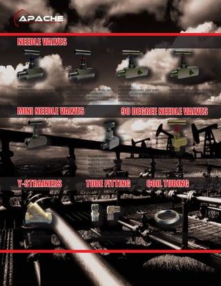 NEEDLE VALVES
MINI NEEDLE VALVES 90 DEGREE NEEDLE VALVES
NV-6 SERIES
6,000 PSI NEEDLE VALVE, SOFT SEATS
AISI 1045 OR SS316 HEX BODY
MALE X FEMALE OR FEMALE X FEMALE
AVAILABLE IN 1/4”THRU 1“
NV-10 SERIES
10,000 PSI NEEDLE VALVE, METAL SEATS
AISI 1045 OR SS316 HEX BODY
MALE X FEMALE OR FEMALE X FEMALE
AVAILABLE IN 1/4”THRU 1“
MP-6 SERIES
6,000 PSI MULTI PORT, SOFT SEATS
AISI 1045 OR SS316 HEX BODY
MALE X FEMALE
AVAILABLE IN 1/2“
MP-10 SERIES
10,000 PSI MULTI PORT, METAL SEATS
AISI 1045 OR SS316 HEX BODY
MALE X FEMALE
AVAILABLE IN 1/2“
NV-MT SERIES
6,000 PSI TEE HANDLE MINI, METAL SEATS
AISI 1045 OR SS316 HEX BODY
M X M, F X F, M X F
AVAILABLE IN 1/4”
NV-MR SERIES
6,000 PSI ROUND HANDLE MINI, METAL SEATS
AISI 1045 OR SS316 HEX BODY
M X M, F X F, M X F
AVAILABLE IN 1/4”
NV-A SERIES
10,000 PSI ANGLE NEEDLE VALVE, METAL SEATS
A105 OR SS316 HEX BODY
M X F
AVAILABLE IN 1/4”THRU 1/2“
SEAMLESS COILED TUBING A 269 TP
316L, 0.375 X 0.035 WALL
CLASS 800 WOG
THREADED 316SS 60 MESH
Y-STRAINERS
STAINLESS STEEL TUBE FITTINGS
SINGLE AND DOUBLE FERRULE
COIL TUBINGY-STRAINERS TUBE FITTING
 