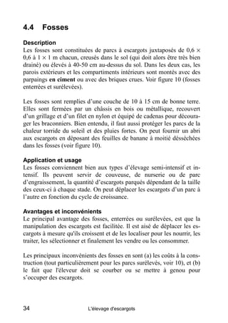 4.4     Fosses
Description
Les fosses sont constituées de parcs à escargots juxtaposés de 0,6 ×
0,6 à 1 × 1 m chacun, creu...