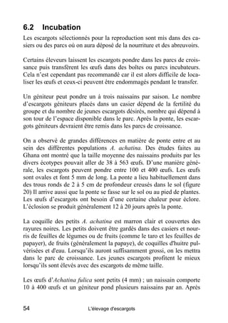 6.2     Incubation
Les escargots sélectionnés pour la reproduction sont mis dans des ca-
siers ou des parcs où on aura dép...