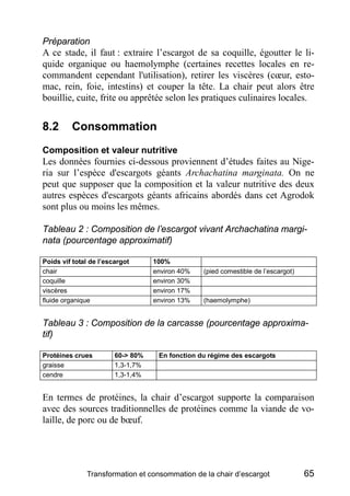 Préparation
A ce stade, il faut : extraire l’escargot de sa coquille, égoutter le li-
quide organique ou haemolymphe (cert...