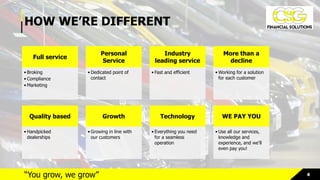 4“You grow, we grow”
HOW WE’RE DIFFERENT
Full service
• Broking
• Compliance
• Marketing
Personal
Service
• Dedicated point of
contact
Industry
leading service
• Fast and efficient
More than a
decline
• Working for a solution
for each customer
Quality based
• Handpicked
dealerships
Growth
• Growing in line with
our customers
Technology
• Everything you need
for a seamless
operation
WE PAY YOU
• Use all our services,
knowledge and
experience, and we’ll
even pay you!
 