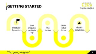 6“You grow, we grow”
GETTING STARTED
Introducer
Agreement
FCA
Number
Process
completion
Blank
cheque or
paying in
slip
Dealer
setup
forms
 