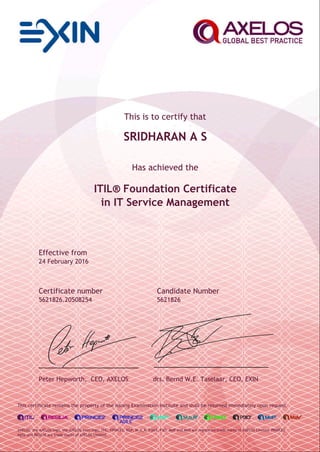 This is to certify that
SRIDHARAN A S
Has achieved the
ITIL® Foundation Certificate
in IT Service Management
Effective from
24 February 2016
Certificate number Candidate Number
5621826.20508254 5621826
Peter Hepworth, CEO, AXELOS drs. Bernd W.E. Taselaar, CEO, EXIN
This certificate remains the property of the issuing Examination Institute and shall be returned immediately upon request.
AXELOS, the AXELOS logo, the AXELOS swirl logo, ITIL, PRINCE2, MSP, M_o_R, P3M3, P3O, MoP and MoV are registered trade marks of AXELOS Limited. PRINCE2
Agile and RESILIA are trade marks of AXELOS Limited.
 