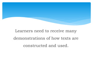 Learners need to receive many
demonstrations of how texts are
constructed and used.
 