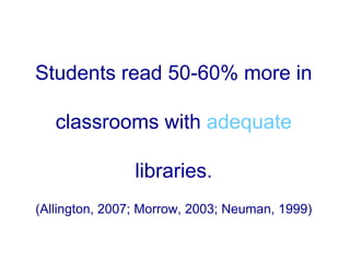 Students read 50-60% more in
classrooms with adequate
libraries.
(Allington, 2007; Morrow, 2003; Neuman, 1999)
 