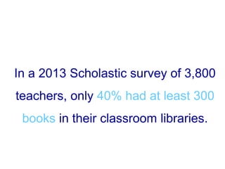 In a 2013 Scholastic survey of 3,800
teachers, only 40% had at least 300
books in their classroom libraries.
 