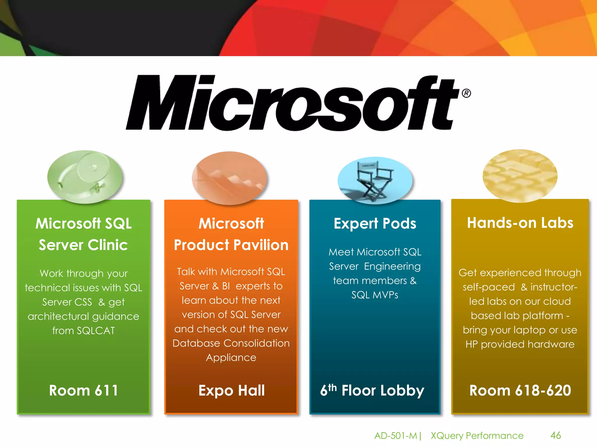 Microsoft SQL                Microsoft                Expert Pods              Hands-on Labs
  Server Clinic             Product Pavilion            Meet Microsoft SQL
                                                        Server Engineering
   Work through your         Talk with Microsoft SQL                           Get experienced through
                                                         team members &
technical issues with SQL     Server & BI experts to                            self-paced & instructor-
                                                            SQL MVPs
    Server CSS & get          learn about the next                                led labs on our cloud
 architectural guidance       version of SQL Server                                based lab platform -
      from SQLCAT           and check out the new                              bring your laptop or use
                            Database Consolidation                               HP provided hardware
                                   Appliance


     Room 611                    Expo Hall             6th Floor Lobby           Room 618-620

                                                                AD-501-M| XQuery Performance     46
 