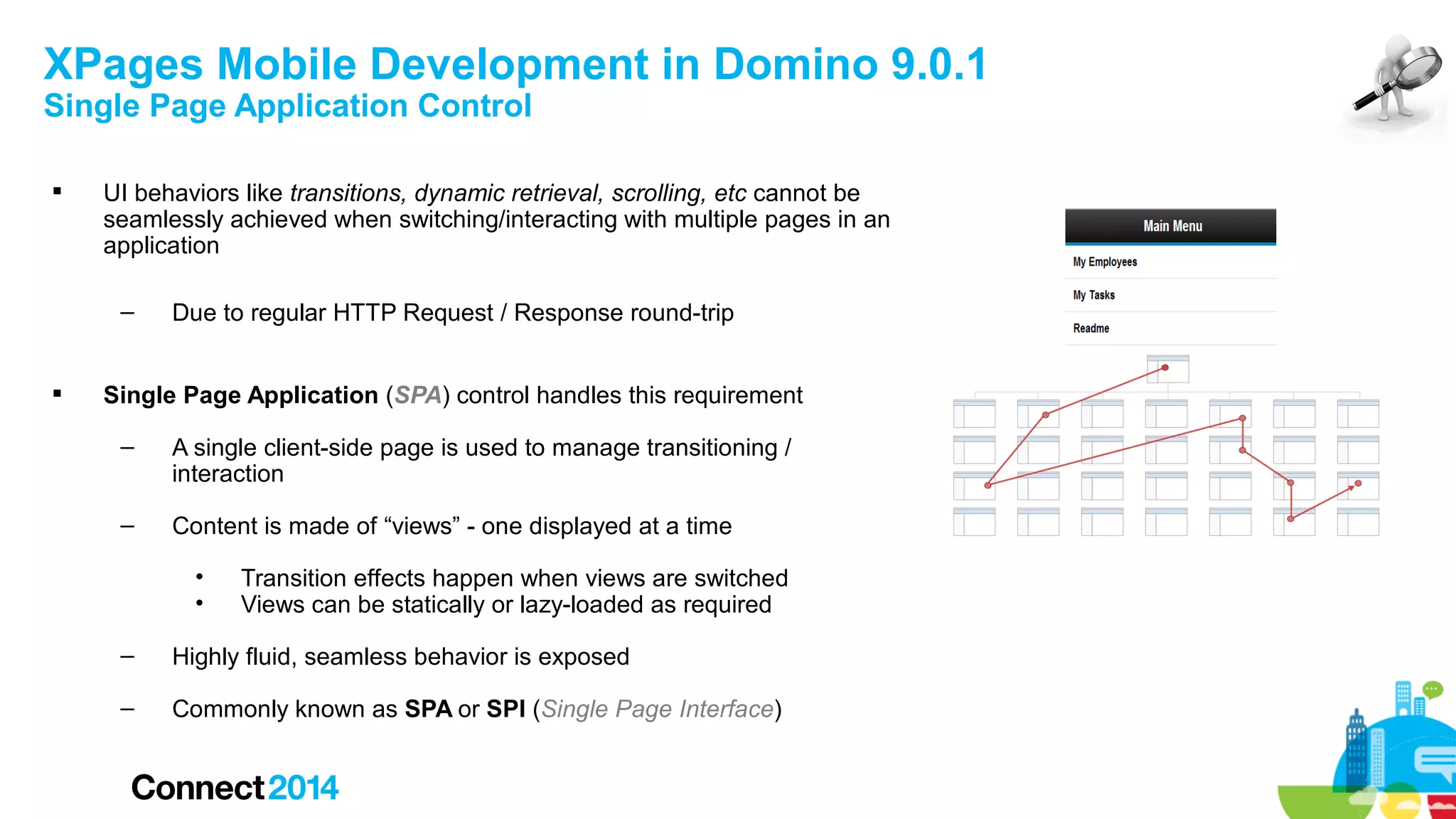 XPages Mobile Development in Domino 9.0.1
Single Page Application Control


UI behaviors like transitions, dynamic retrieval, scrolling, etc cannot be
seamlessly achieved when switching/interacting with multiple pages in an
application
–



Due to regular HTTP Request / Response round-trip

Single Page Application (SPA) control handles this requirement
–

A single client-side page is used to manage transitioning /
interaction

–

Content is made of “views” - one displayed at a time
•
•

Transition effects happen when views are switched
Views can be statically or lazy-loaded as required

–

Highly fluid, seamless behavior is exposed

–

Commonly known as SPA or SPI (Single Page Interface)

 