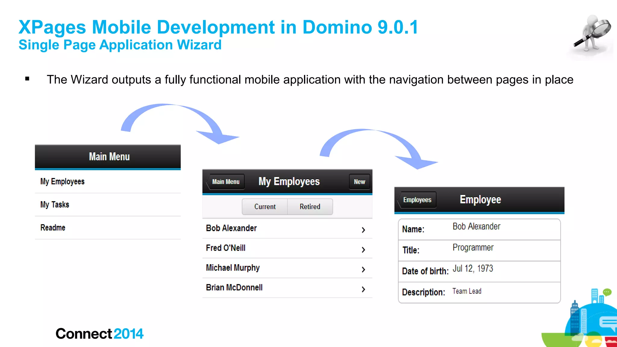 XPages Mobile Development in Domino 9.0.1
Single Page Application Wizard


The Wizard outputs a fully functional mobile application with the navigation between pages in place

 