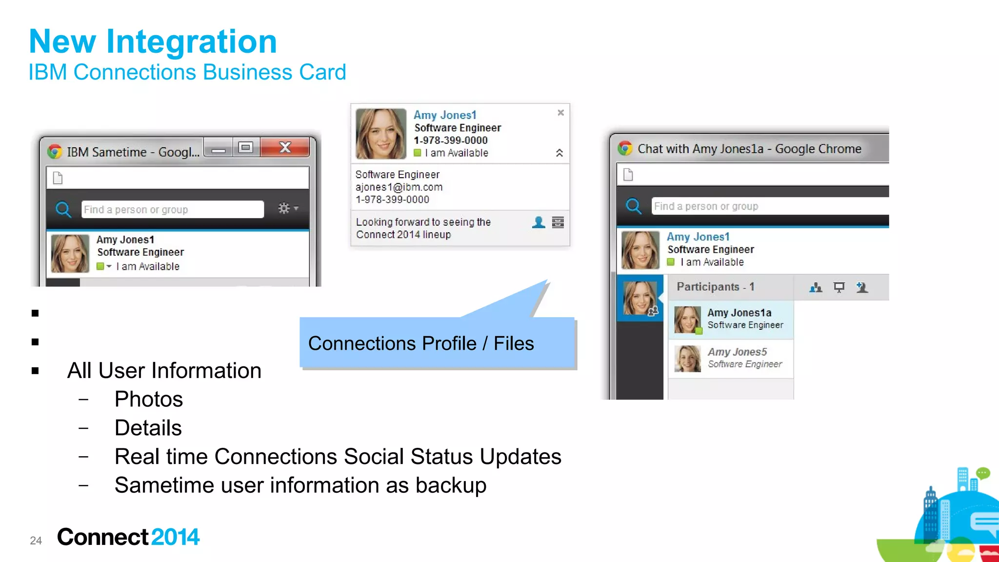 24
New Integration
IBM Connections Business Card








 All User Information
– Photos
– Details
– Real time Connections Social Status Updates
– Sametime user information as backup
Connections Profile / FilesConnections Profile / Files
 