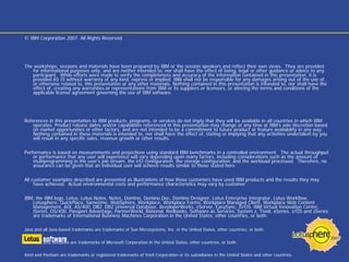 © IBM Corporation 2007. All Rights Reserved.




The workshops, sessions and materials have been prepared by IBM or the session speakers and reflect their own views. They are provided
   for informational purposes only, and are neither intended to, nor shall have the effect of being, legal or other guidance or advice to any
   participant. While efforts were made to verify the completeness and accuracy of the information contained in this presentation, it is
   provided AS IS without warranty of any kind, express or implied. IBM shall not be responsible for any damages arising out of the use of,
   or otherwise related to, this presentation or any other materials. Nothing contained in this presentation is intended to, nor shall have the
   effect of, creating any warranties or representations from IBM or its suppliers or licensors, or altering the terms and conditions of the
   applicable license agreement governing the use of IBM software.




References in this presentation to IBM products, programs, or services do not imply that they will be available in all countries in which IBM
    operates. Product release dates and/or capabilities referenced in this presentation may change at any time at IBM’s sole discretion based
    on market opportunities or other factors, and are not intended to be a commitment to future product or feature availability in any way.
    Nothing contained in these materials is intended to, nor shall have the effect of, stating or implying that any activities undertaken by you
    will result in any specific sales, revenue growth or other results.

Performance is based on measurements and projections using standard IBM benchmarks in a controlled environment. The actual throughput
    or performance that any user will experience will vary depending upon many factors, including considerations such as the amount of
    multiprogramming in the user's job stream, the I/O configuration, the storage configuration, and the workload processed. Therefore, no
    assurance can be given that an individual user will achieve results similar to those stated here.

All customer examples described are presented as illustrations of how those customers have used IBM products and the results they may
     have achieved. Actual environmental costs and performance characteristics may vary by customer.

IBM, the IBM logo, Lotus, Lotus Notes, Notes, Domino, Domino.Doc, Domino Designer, Lotus Enterprise Integrator, Lotus Workflow,
   Lotusphere, QuickPlace, Sametime, WebSphere, Workplace, Workplace Forms, Workplace Managed Client, Workplace Web Content
   Management, AIX, AS/400, DB2, DB2 Universal Database, developerWorks, eServer, EasySync, i5/OS, IBM Virtual Innovation Center,
   iSeries, OS/400, Passport Advantage, PartnerWorld, Rational, Redbooks, Software as Services, System z, Tivoli, xSeries, z/OS and zSeries
   are trademarks of International Business Machines Corporation in the United States, other countries, or both.

Java and all Java-based trademarks are trademarks of Sun Microsystems, Inc. in the United States, other countries, or both.

Microsoft and Windows are trademarks of Microsoft Corporation in the United States, other countries, or both.

Intel and Pentium are trademarks or registered trademarks of Intel Corporation or its subsidiaries in the United States and other countries.
 
