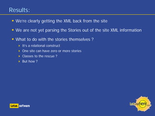 Results:
We’re clearly getting the XML back from the site
We are not yet parsing the Stories out of the site XML information
What to do with the stories themselves ?
It’s a relational construct
One site can have zero or more stories
Classes to the rescue ?
But how ?
 