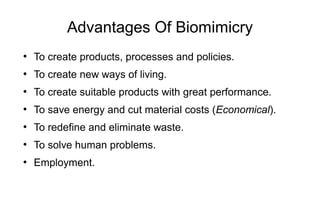 Advantages Of Biomimicry
●
To create products, processes and policies.
●
To create new ways of living.
●
To create suitable products with great performance.
●
To save energy and cut material costs (Economical).
●
To redefine and eliminate waste.
●
To solve human problems.
●
Employment.
 