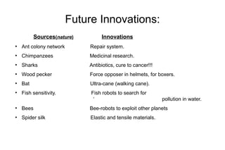 Future Innovations:
Sources(nature) Innovations
●
Ant colony network Repair system.
●
Chimpanzees Medicinal research.
●
Sharks Antibiotics, cure to cancer!!!
●
Wood pecker Force opposer in helmets, for boxers.
●
Bat Ultra-cane (walking cane).
●
Fish sensitivity. Fish robots to search for
‘ pollution in water.
●
Bees Bee-robots to exploit other planets
●
Spider silk Elastic and tensile materials.
 