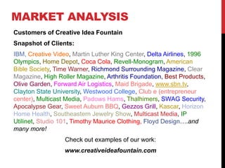 MARKET ANALYSIS
Customers of Creative Idea Fountain
Snapshot of Clients:
IBM, Creative Video, Martin Luther King Center, Delta Airlines, 1996
Olympics, Home Depot, Coca Cola, Revell-Monogram, American
Bible Society, Time Warner, Richmond Surrounding Magazine, Clear
Magazine, High Roller Magazine, Arthritis Foundation, Best Products,
Olive Garden, Forward Air Logistics, Maid Brigade, www.sbn.tv,
Clayton State University, Westwood College, Club e (entrepreneur
center), Multicast Media, Padows Hams, Thalhimers, SWAG Security,
Apocalypse Gear, Sweet Auburn BBQ, Gezzos Grill, Kascar, Horizon
Home Health, Southeastern Jewelry Show, Multicast Media, IP
Utilinet, Studio 101, Timothy Maurice Clothing, Floyd Design….and
many more!
Check out examples of our work:
www.creativeideafountain.com
 