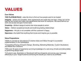 VALUES
Core Values
THE PLATINUM RULE – take the time to find out how people want to be treated
Integrity - whole and complete, when agreements are made they are kept, if they can not be
kept we are honest and make new agreements that work for everyone. We stand behind our
work and accept and give honest input.
Creativity – Brilliant design & words that move people to action
Value – Deliver exceptional results and build long lasting relationships
Happiness – the job is not complete until the customer is happy
Openness –the belief that anything that moves and inspires you is possible
Value Propositions
*Ability to concept an abundance of creative ideas and follow through to successful
implementation in the marketplace
*Competitive Pricing of Graphic Design, Branding, Marketing Materials, Custom Illustrations
and Media Rich Solutions
*With over 30 years of experience we bring knowledge of a vast array of tools and deliverables
to performing design tasks.
*A Custom Logo, Illustration or Storyboard will have longevity and convey your message
effectively to your Target Audience achieving the results you need to be profitable
 