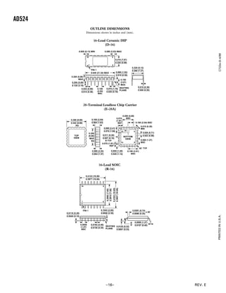 AD524
REV. E–16–
PRINTEDINU.S.A.C722e–0–4/99
OUTLINE DIMENSIONS
Dimensions shown in inches and (mm).
20-Terminal Leadless Chip Carrier
(E-20A)
TOP
VIEW
0.358 (9.09)
0.342 (8.69)
SQ
1
20 4
9
8
13
19
BOTTOM
VIEW
14
3
18
0.028 (0.71)
0.022 (0.56)
45° TYP
0.015 (0.38)
MIN
0.055 (1.40)
0.045 (1.14)
0.050 (1.27)
BSC
0.075 (1.91)
REF
0.011 (0.28)
0.007 (0.18)
R TYP
0.095 (2.41)
0.075 (1.90)
0.100 (2.54) BSC
0.200 (5.08)
BSC
0.150 (3.81)
BSC
0.075
(1.91)
REF
0.358
(9.09)
MAX
SQ
0.100 (2.54)
0.064 (1.63)
0.088 (2.24)
0.054 (1.37)
16-Lead Ceramic DIP
(D-16)
16
1 8
9
0.080 (2.03) MAX
0.310 (7.87)
0.220 (5.59)
PIN 1
0.005 (0.13) MIN
0.100
(2.54)
BSC
SEATING
PLANE
0.023 (0.58)
0.014 (0.36)
0.060 (1.52)
0.015 (0.38)
0.200 (5.08)
MAX
0.200 (5.08)
0.125 (3.18)
0.070 (1.78)
0.030 (0.76)
0.150
(3.81)
MAX
0.840 (21.34) MAX
0.320 (8.13)
0.290 (7.37)
0.015 (0.38)
0.008 (0.20)
16-Lead SOIC
(R-16)
16 9
81
0.4133 (10.50)
0.3977 (10.00)
0.4193(10.65)
0.3937(10.00)
0.2992(7.60)
0.2914(7.40)
PIN 1
SEATING
PLANE
0.0118 (0.30)
0.0040 (0.10)
0.0192 (0.49)
0.0138 (0.35)
0.1043 (2.65)
0.0926 (2.35)
0.0500
(1.27)
BSC
0.0125 (0.32)
0.0091 (0.23)
0.0500 (1.27)
0.0157 (0.40)
8°
0°
0.0291 (0.74)
0.0098 (0.25)
x 45°
 