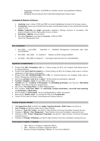 o Preparation of Project level BPMS on monthly manner using statistical software
(MINITAB).
o Managing Service Delivery from India Metrics/Reporting Product Team.
Assignment & Measures of Success:
 Analyzing Large volume of CIM and CRM raw data & highlighting the trend or & the huge variance.
 Strategizing various type of dashboard to be made and information/analysis that a dashboard/scorecard
needs to cover.
 Helping Leadership and people management experience. Manage resources in accordance with
project schedules to deliver high quality services to clients.
 Innovating/ Updating process portals
 Providing Timeliness as per plan and accuracy of MIS for PMO
Client Care Management Team
Past Assignments
 Nov-2006 – June-2008, Specialist in IntelliRisk Management Corporation iQor India
Pvt.Ltd,NOIDA
 Mar-2005 – Nov-2006, Sr. Analyst in Mphasis an EDS Company,NOIDA
 Jan 2002 – Mar-2005 as Analyst in Convergys India Services Pvt. Ltd,GURGAON
Significant Accomplishments:
 Worked With HCL Technologies Ltd. As a Trainee during my MCA, the Company holds Brand name in
in software Industry.
 Worked With Excel InfoTech Limited.As a Trainee During my BCA the Company holds name in software
applications in Client-Server technologies.
 Worked With JPS TECHNOLOGIES PVT. LTD. As Technical Executive the Company holds name in
Project Management and Project selling.
 Have been constantly rated as an ‘A player’ till date during my performance appraisals.
 Customer Champion Award for year 2005 in Convergys.
 Awarded with the ‘Certificate of Recognition’ for outstanding performance and Tag Line “Man behind
Metrics “from Director-Business Support Head.
 Have been a ‘Six Sigma Player’ for Skill Mapping Charts.
 Was awarded ‘Team Extra Miller’ for consistently excellent performance, successful team mentoring
and performance enhancement.
 Won a number of ‘client awards’ for an overall performance within two quarters.
 Received the ‘Quality award’ for winning the COE level six-sigma quiz.
 Visited US four times for Project Transitioning and Training Purposes.
Training Programs Attended
 ‘Six Sigma Green Belt’ Certified from Indian Statistical Institute, Delhi Centre.www.isid.ac.in
 Lean Training provided by quality team in Open Solution.
 Training in ‘Train The Trainer’ provided by ‘Open Solution University’Centralized Learning Services’.
 Training in ‘Effective Time Management’ ‘Open Solution University’Centralized Learning Services’.
 Training in PMP ‘Project Management Programme’ provided by ‘Open Solution University’Centralized
Learning Services’.
 Training in ‘Principle of Banking’ provided by Open Solution University Centralized Learning Services.
Professional & Academic Credentials
o 2003—Master in Computer Application (MCA).
o 2001 – Bachelor in Computer Application (BCA)
o Business Analytics Programmer Diploma ‘O’ Level from DOEACC.
 